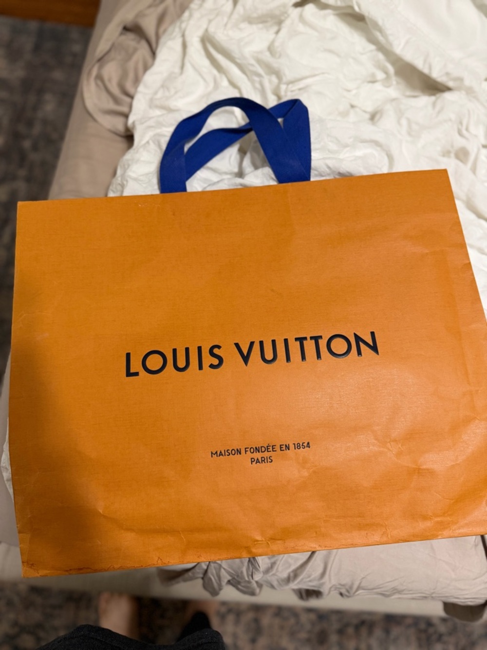 Large Louis Vuitton Orange Gift Bag with Blue Ribbon Handles